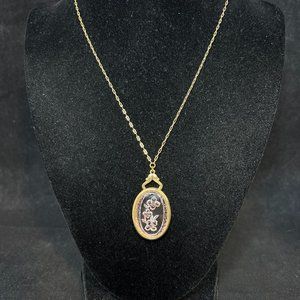 1928 Gold Tone Paper Clip Chain Necklace With Clear Floral Pendant (4225)